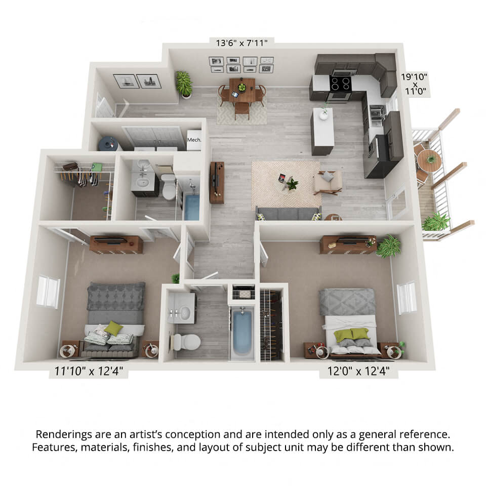 Floor plan for 2 beds, 2 baths, 1104 sqft